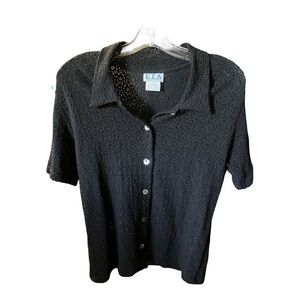 Lia Sz Small Black Porous & Textured Short Sleeve Button Down Nylon & Spandex